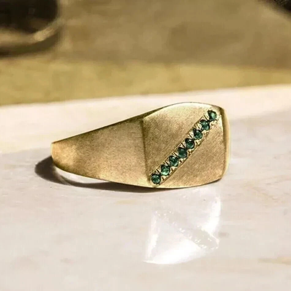 Anel de casamento masculino rosa esmeralda verde simulado redondo 1 quilate ouro amarelo 14K por cima - Imagem 3 de 4