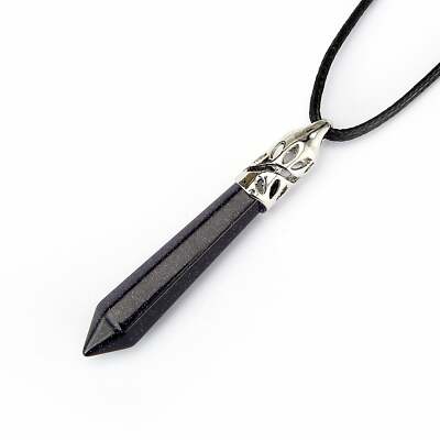 Blue Sandstone Pendant Silver Plated Hexagonal Healing 10x65mm 18'' Leather Chain