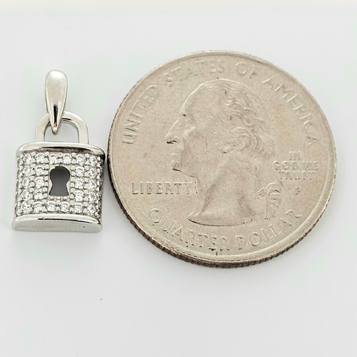 925 Solid Sterling Silver Tiny Lock, Lots Of Sparkle! Charm .6 X .35", Prong Set - Picture 3 of 6