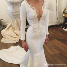 Elegant Satin Wedding Dresses Long Sleeves V Neck Lace decal Train Bridal Gowns