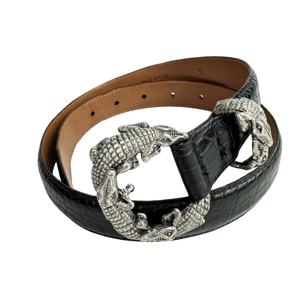 Vintage 80s Sculptural Alligator Silver Buckle Belt Black  display picture 3