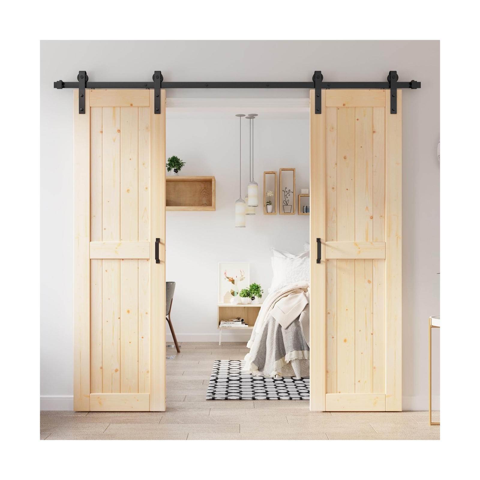 48-Inch x 84-Inch Double Sliding Barn Wood Door Slab with 8-Foot Hardware Kit-image