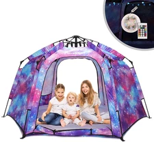 Portable Hexagon Kids Play Tent with LED Strip Lights Indoor Children Play House