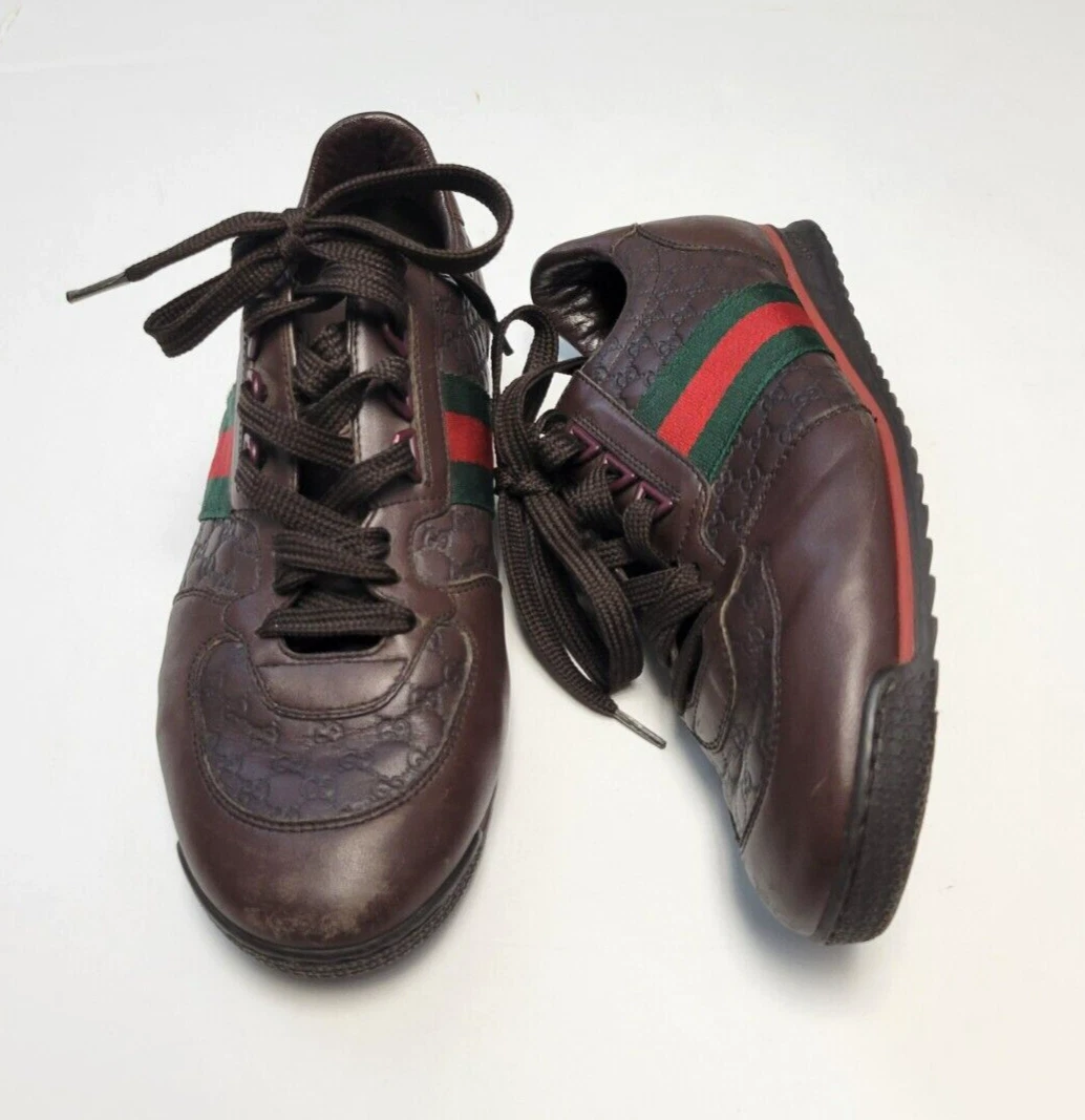 Baskets basses GUCCI entraîneur cuir marron homme US 7 UK 6 chaussures GG en relief