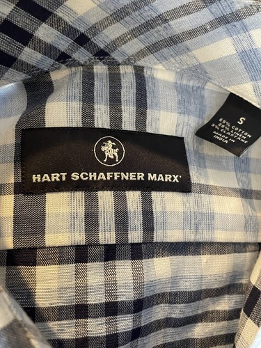 Hart Schaffner Marx Shirt Mens Size Small Plaid Long Sleeve Cotton Linen Blue - Picture 5 of 9