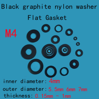 50pcs M4 Black Graphite Nylon Washers Flat Gasket 5.5mm 6mm 7mm OD 0.15mm-1mm