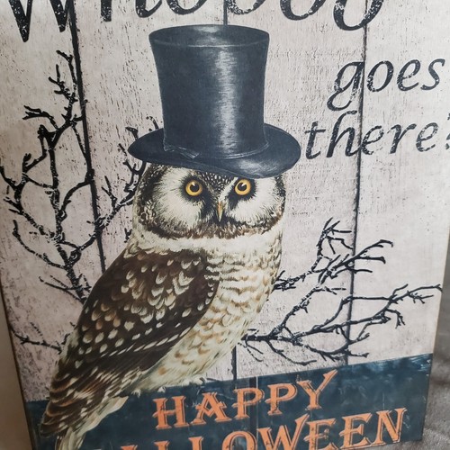 FOLK ART VINTAGE PRIMITIVE RETRO STYLE HALL0WEEN OWL WHOO GOES THERE SIGN - Picture 5 of 10