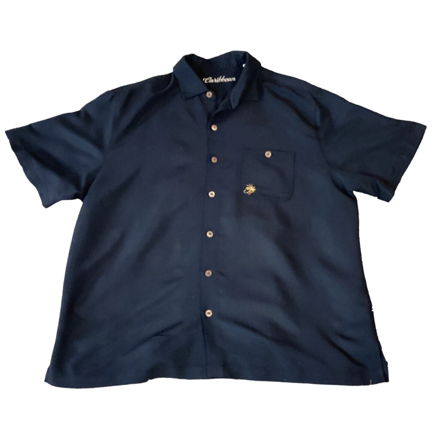 Caribbean Casual Button Front Shirt Men's XL Black Embroidered Bass Fish 288E