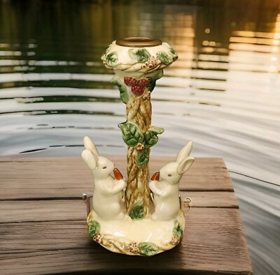 Vintage Amscan Porcelain Candlestick Bunnies Rabbits With Carrots Candle Holder