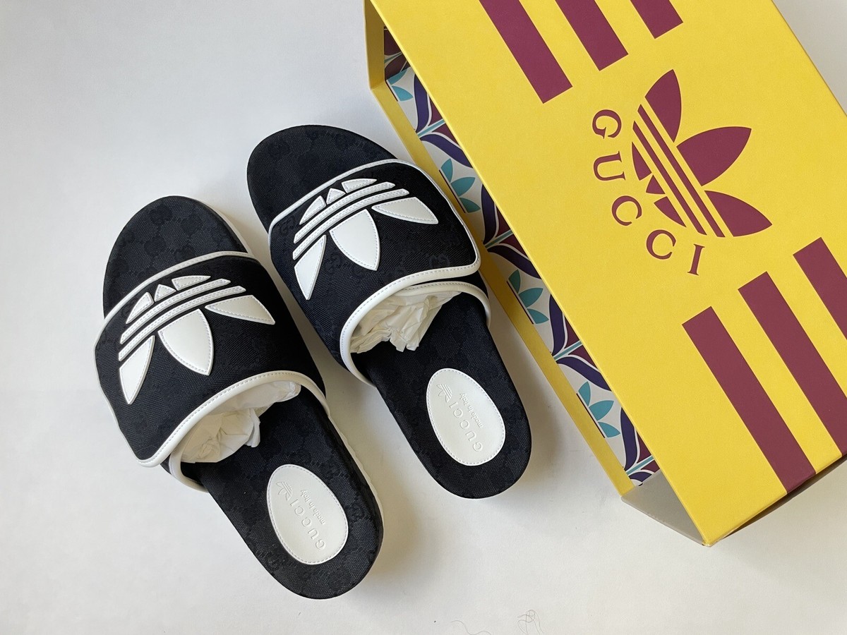 GUCCI x Adidas Supreme GG Logo Black White Slides Sandals 12G, US