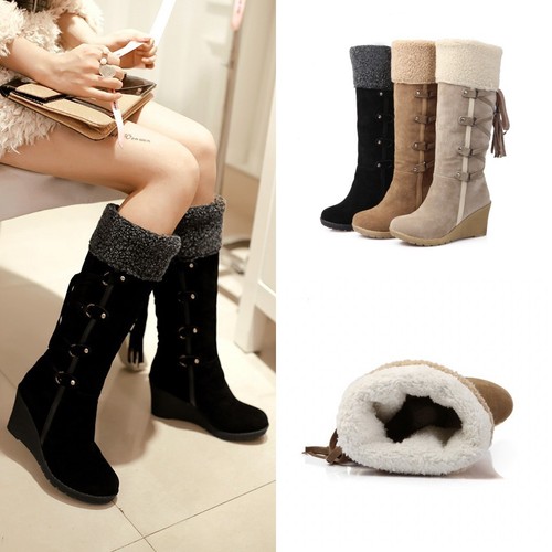 Womens Faux Suede Fur Trim Knee High Snow Boots Winter Warm Shoes Mid Calf Boot - Picture 10 of 15