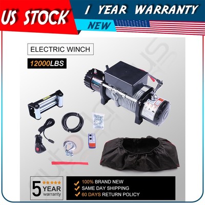 12V 12000LB Electric Winch Towing Trailer Steel Cable Off Road for JEEP w/cover