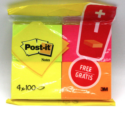 Post It Haftnotizen - Notes 3M + 1  in neongrün, -pink, -gelb & -orange gratis