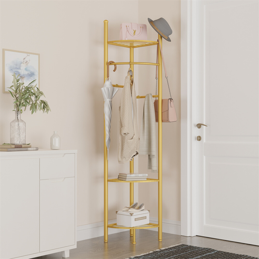 HKaikzo Gold Metal Corner Coat Rack - Freestanding Hall Tree With 2 Hooks, Triangle Base For Entryway, Bedroom, Living Room - View #6