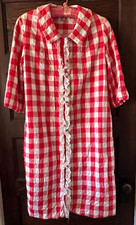 Vtg 60's EVELYN PEARSON Red White Gingham Housecoat Bathrobe Eyelet Quilted
