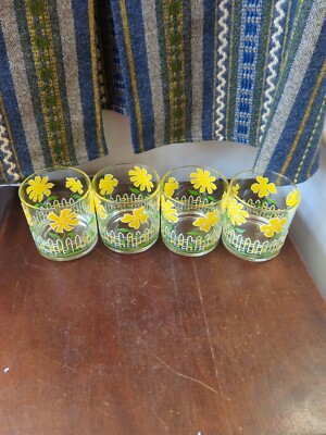 Vintage Culver Daisy & Picket Fence Set 4 Highball Glasses Glass Set