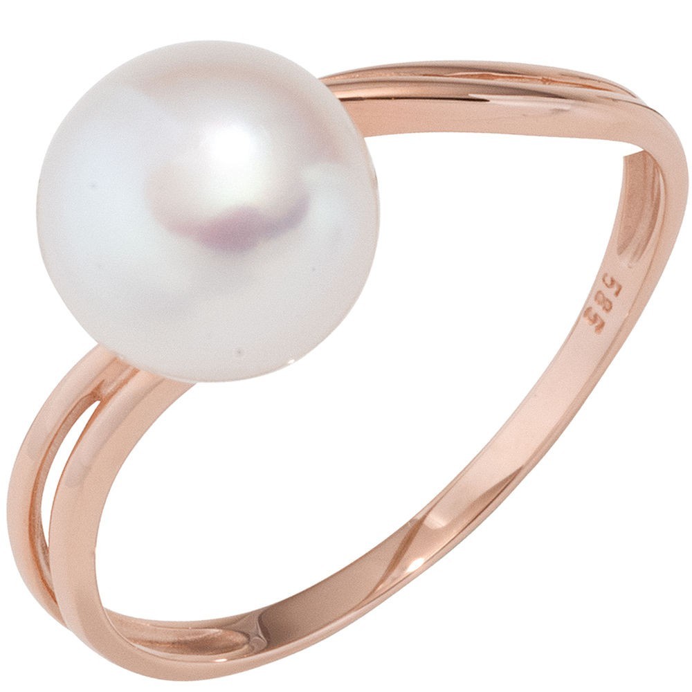 Anillo De Dama Con Perla De Agua Dulce Blanca, Oro 585 Oro Rosa Anillo De Perlas