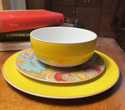 2- Four Piece Set Echo Design Yellow Paisley Porcelain  Plate, Bowl, Mug Dishes