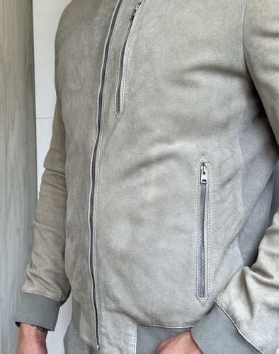All Saints Suede Leather Jacket Extra Large Mens Gray Biker Kemble Bomber XL - Picture 3 of 11