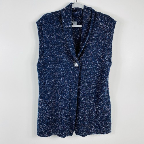 Chico's Size XL 16 3 Confetti One Button Cardigan Sweater Blue Cotton Blend