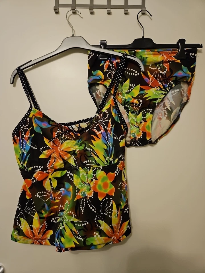 ULLA POPKEN: Tankini Gr. 50 3-teilig, schwarz bunt