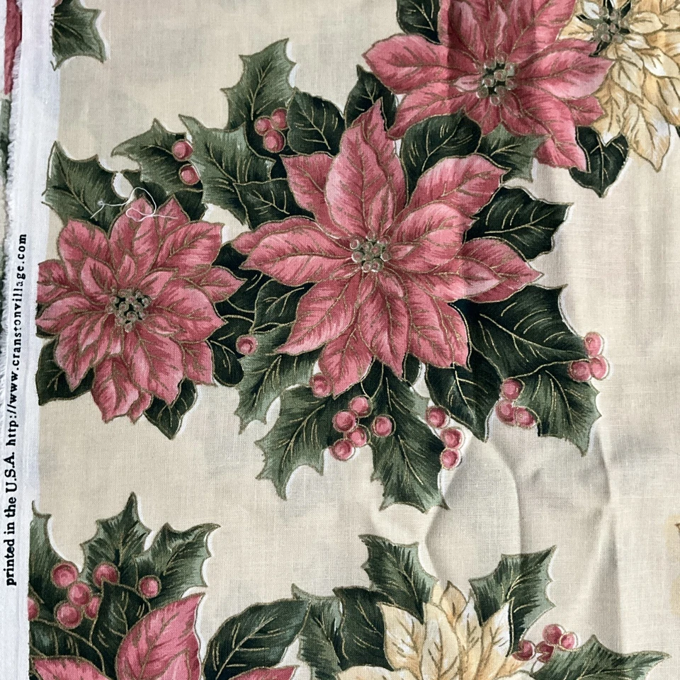 VIP Cranston Poinsettia Holly Cotton Fabric 3.3 Yds x 60″ W Metallic Gold Accent - Image 3 of 4
