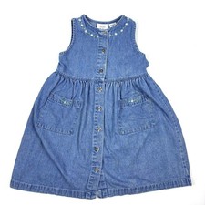 VTG 90s 955 Kids Denim Jumper Dress Girls Sz 5 Blue Floral Metal Button Embroidr