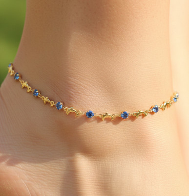 Elegant Gold-Plated Anklet with Blue Beads Minimalist Delicate Chain Anklet