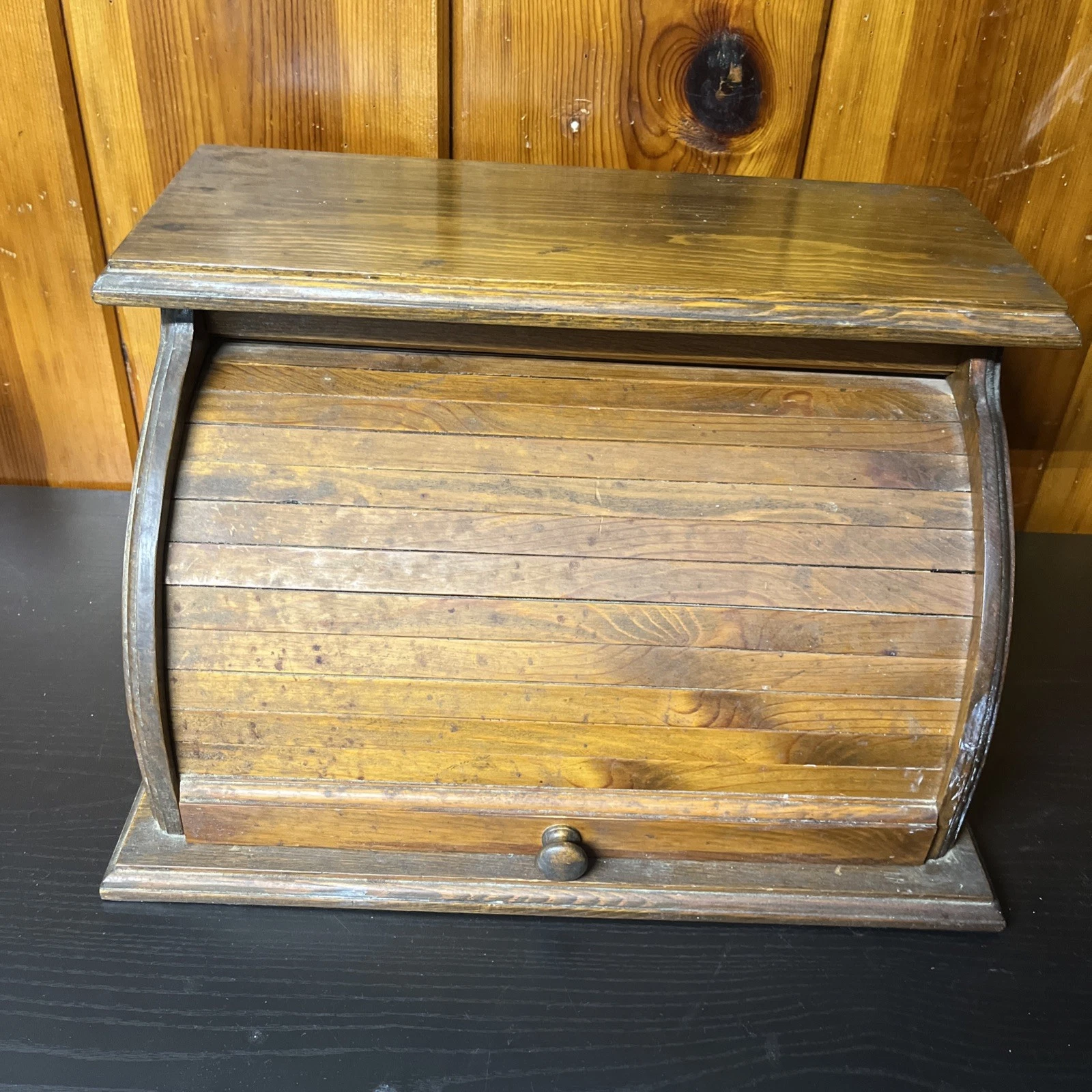 Vintage Wooden Roll Top Bread Box Solid Wood Farmhouse Cottage
