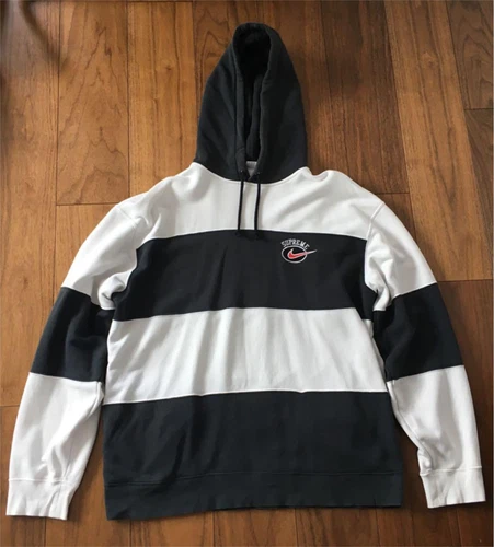 Sweat à capuche rayé blanc Nike Supreme Collaboration fabriqué au Vietnam noir taille L