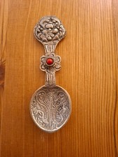 Tibetan Medicine Spoon  With red stone Inlay And Detailed Carvings