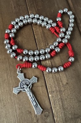 Stainless Steel Beads Catholic Rosary, St Benedict Crucifix, Handmade in USA