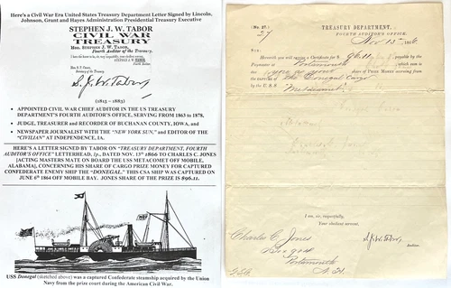 CIVIL WAR TREASURY POLITICIAN TABOR CONFEDERATE NAVY PRIZE MONEY LETTER SIGNED