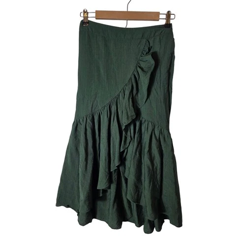 EMERSON LANG Green Ruffle Hi Low Asymmetrical Lightweight Midi Skirt SZ M