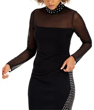 I.N.C Womens Illusion Stud Neckline Embellished T-Shirt, Black, X-Small