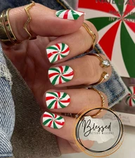 Red Aspen Press On Nails-Payden's Peppermint Pinwheels Candy Cane Swirl Short SQ