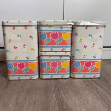 Cheinco Tulip Butterfly Storage Tin Can Set 4 Piece Retro Kitchen Decor