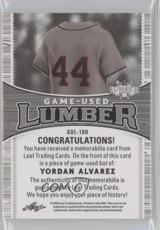 2024 Leaf Lumber Game Used Lumber Relics Purple /20 Yordan Alvarez #GUL-100 - Image 2 of 2