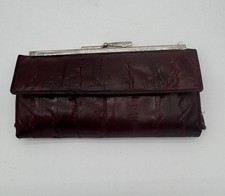 Vintage Maroon Genuine Eel Skin Clutch Wallet Kiss Lock Frame Retro Boho
