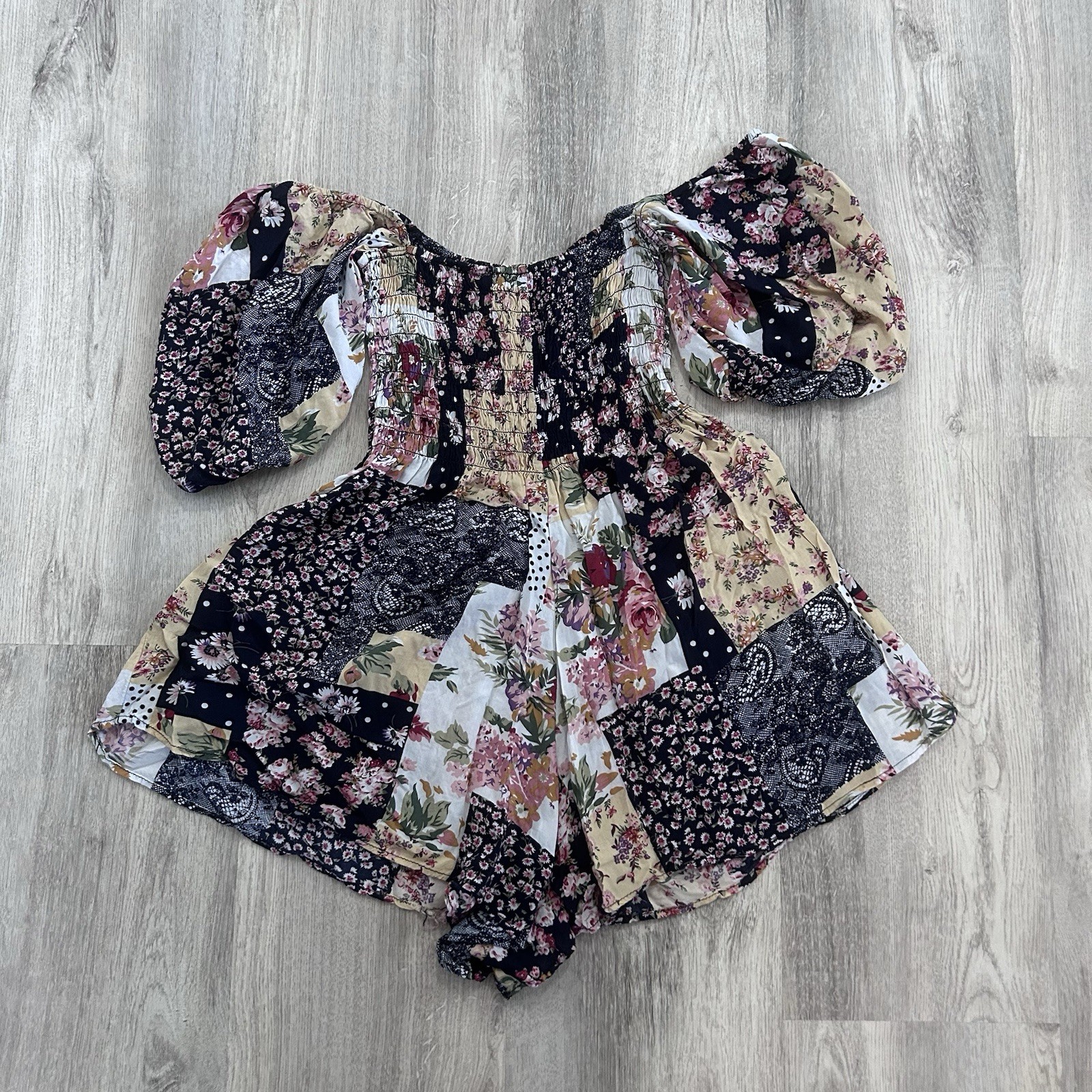 Kimchi Blue Romper Patsy Smocked Patchwork Womens… - image 8