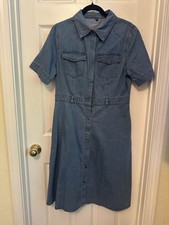 Women's Blue Denim Solid Collared Button-Front Shirt Dress Knee Length Size M