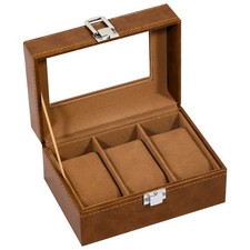 3 Slots Watch Box Organizer PU Leather Watch Case Jewelry Glass Lid Display Gift