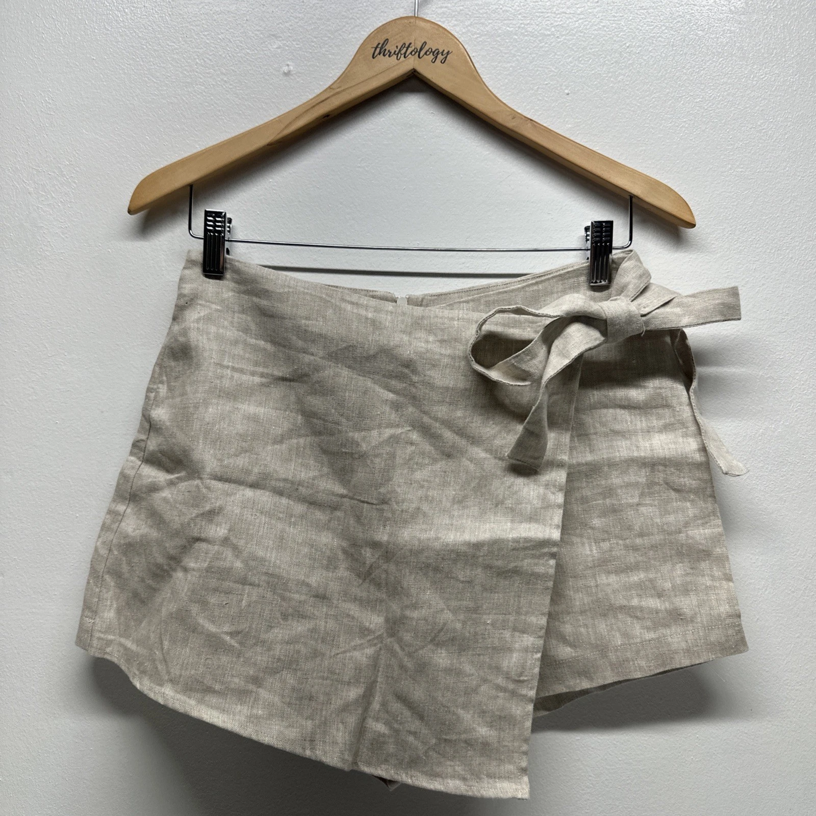 Reformation Eva Skort Skirt Short Bottoms 100% Linen Zip Wrap Tie Beige Size 6