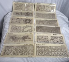 Lot of 12 VTG Craftaid Billfold Leather Carving Templates Letters Bike Deer