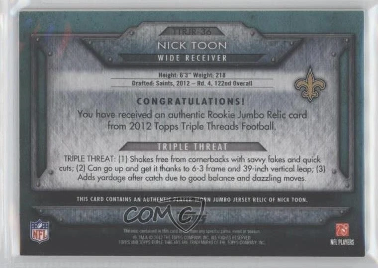 2012 Topps Triple Threads Rookie Jumbo Relic Emerald /50 Nick Toon #TTRJR-36 RC - Image 2 of 2