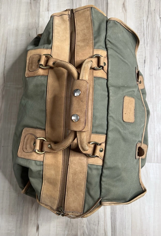 Bolsa de viagem vintage Gokey Company verde marrom lona e couro Carryall - Imagem 4 de 4