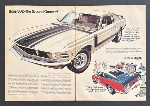 1970 Ford Boss 302 Mustang Fastback art "The Ground Groover" 2-page print ad