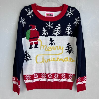 Tipsy Elves men size M ugly Christmas sweater Santa Claus yellow snow colorful