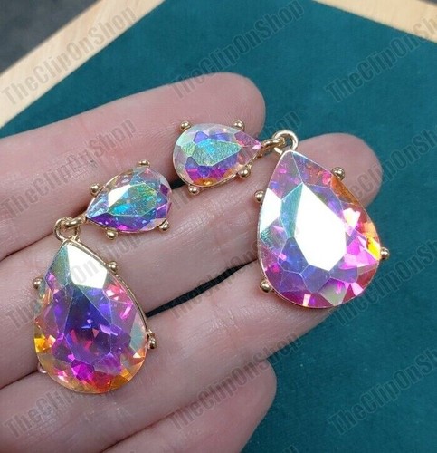 CLIP ON Retro 4cm RAINBOW CRYSTAL Drop EARRINGS AB Gold Tone Vintage Style - Picture 12 of 23