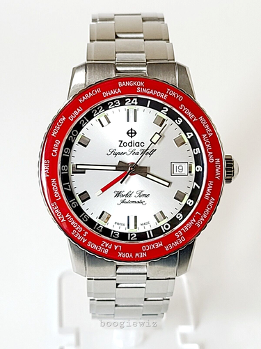 ZODIAC SWISS MADE LE WORLD TIME GMT AUTOMATIC SUPER SEA WOLF WATCH, ZO9410 NIB